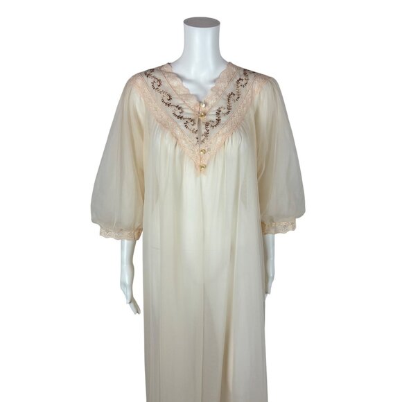 Vintage 80s Sheer Peignoir Women's Large Cream Chiffon Robe Deadstock JCPenney - Picture 2 of 11